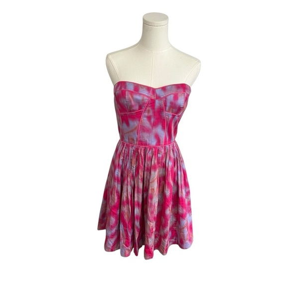Rebecca Taylor Strapless Silk Pleated Corset Pink Watercolor Dress $345 Size 4 - Picture 2 of 12